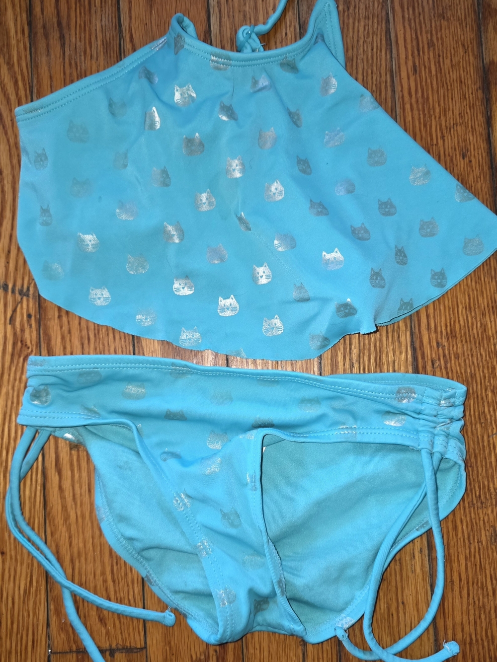 Justice Girls Turquoise Blue Two-Piece Swim Set with Silver Cat Print